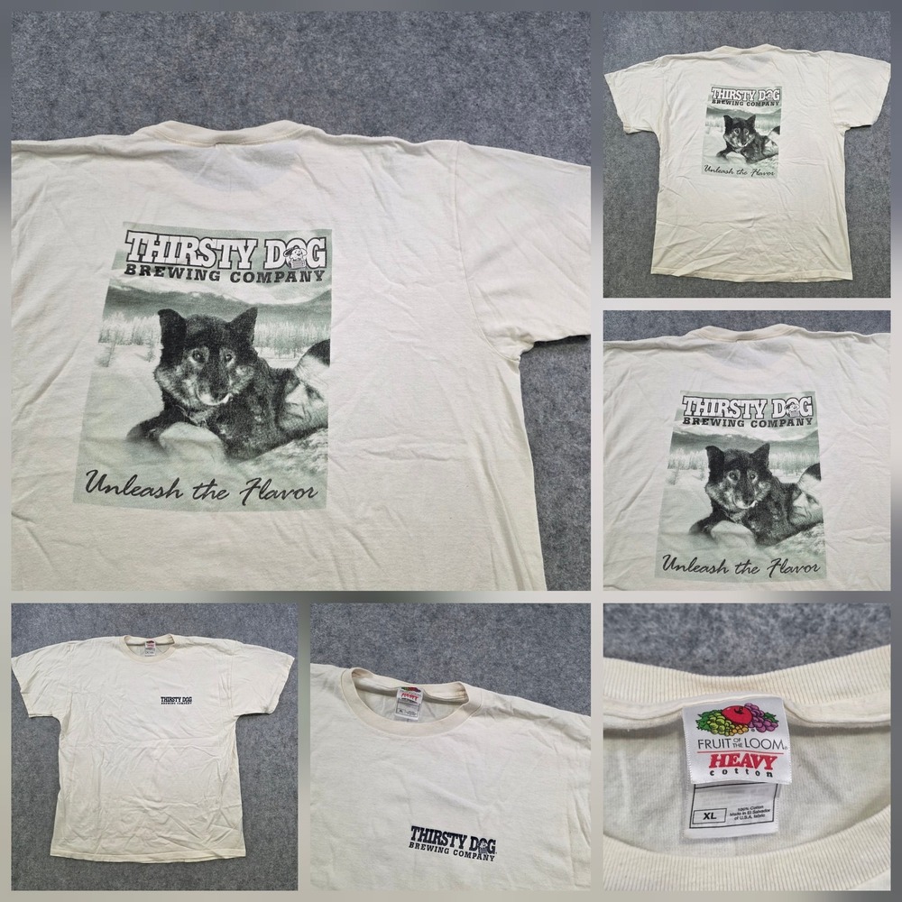 VTG Thirsty Dog Brewing Shirt Mens XL White Beer Graphic Promo Fruit Of The Loom